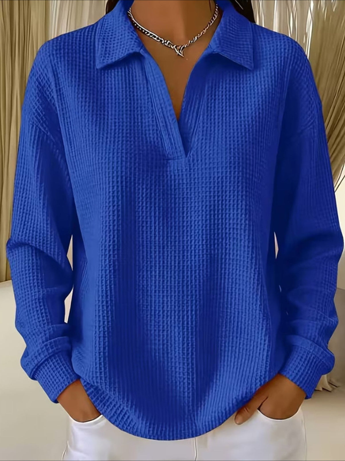 Waffle Lapel Neck Long Sleeve Polo Top