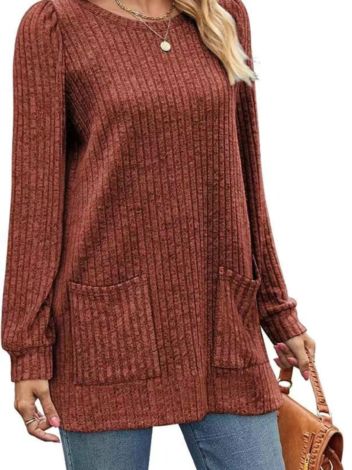 Casual Top, Women's Solid Ribbed Long Sleeve Round Neck Medium Stretch Top With Pockets