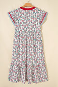 Red Cute Sunflower Printed Striped Patchwork Trim Flutter Sleeve Long Dress