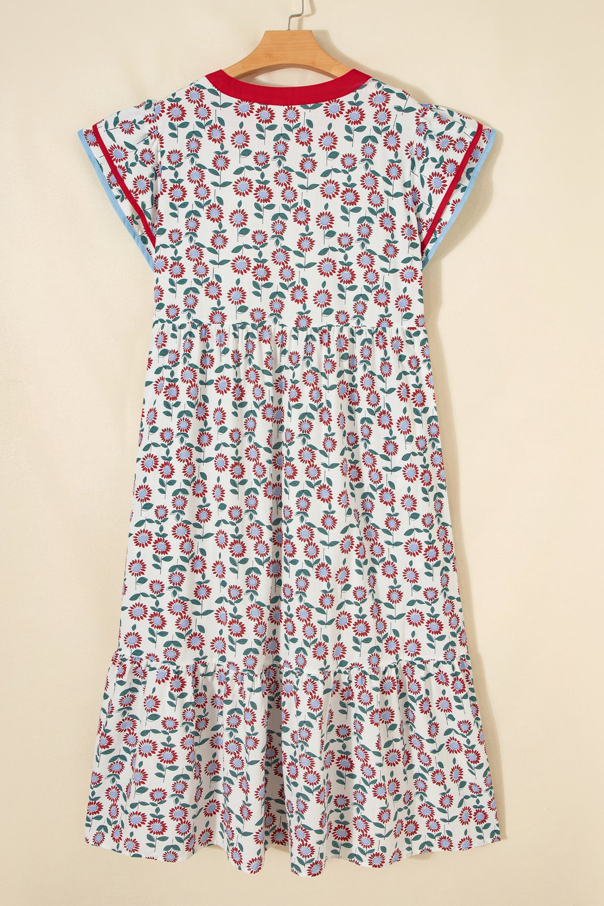 Red Cute Sunflower Printed Striped Patchwork Trim Flutter Sleeve Long Dress