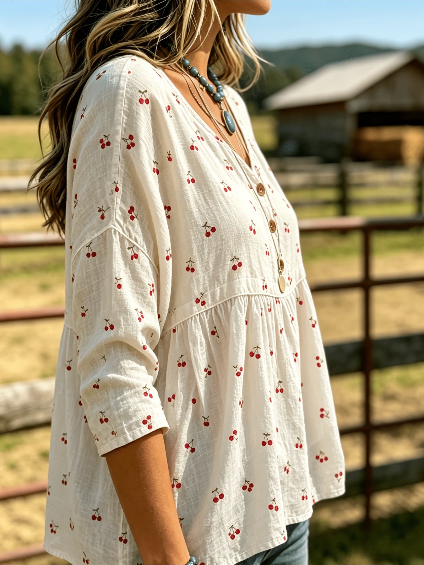 Floral Print 3/4 Sleeve V-Neck Three-Button Front Babydoll Blouse