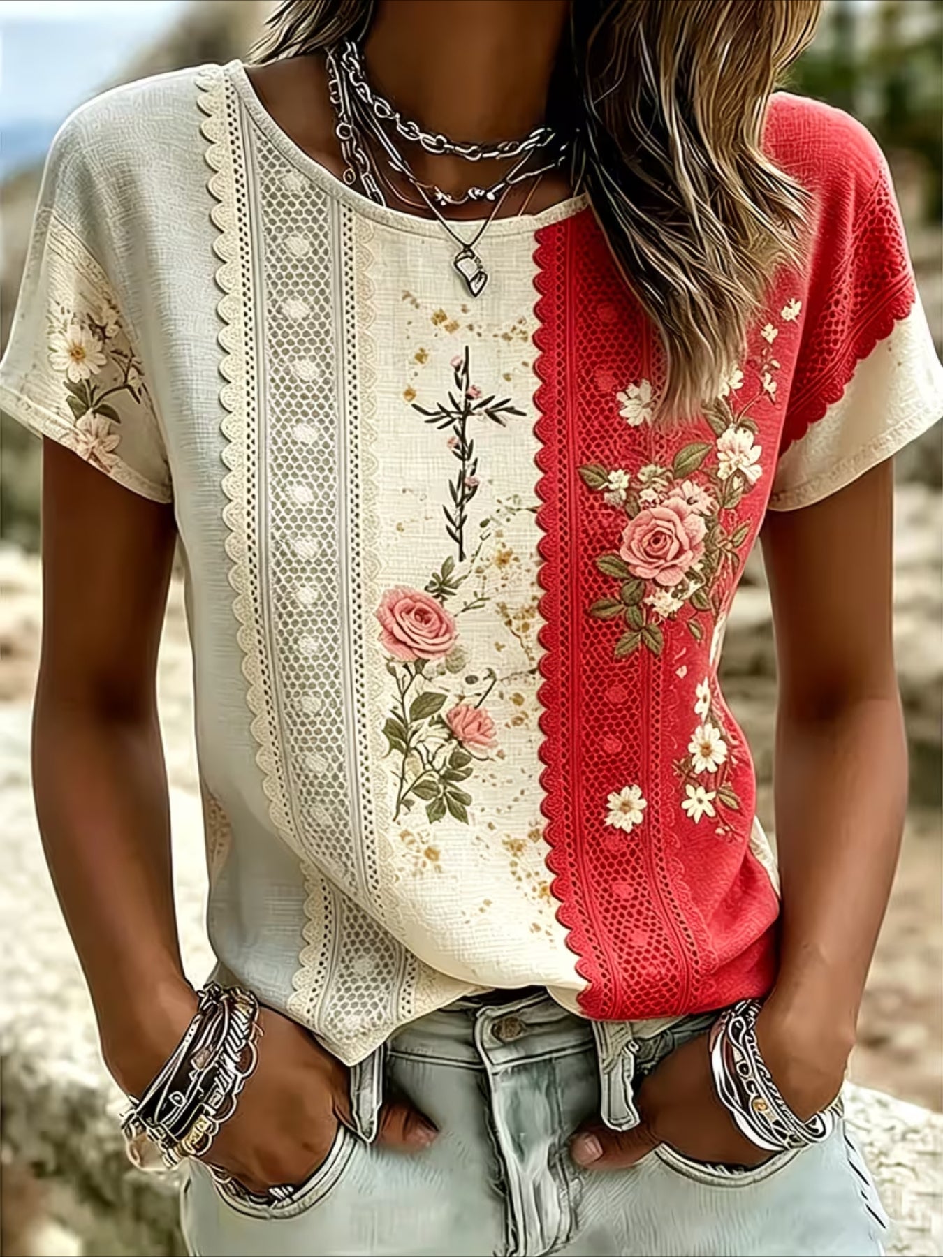 Floral Print Short Sleeve Crew Neck Top with Patchwork Blouse Style