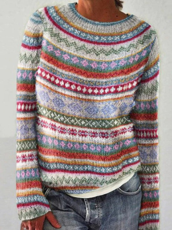 Elegant Color-Block Round Neck Long Sleeve Pullover Sweater