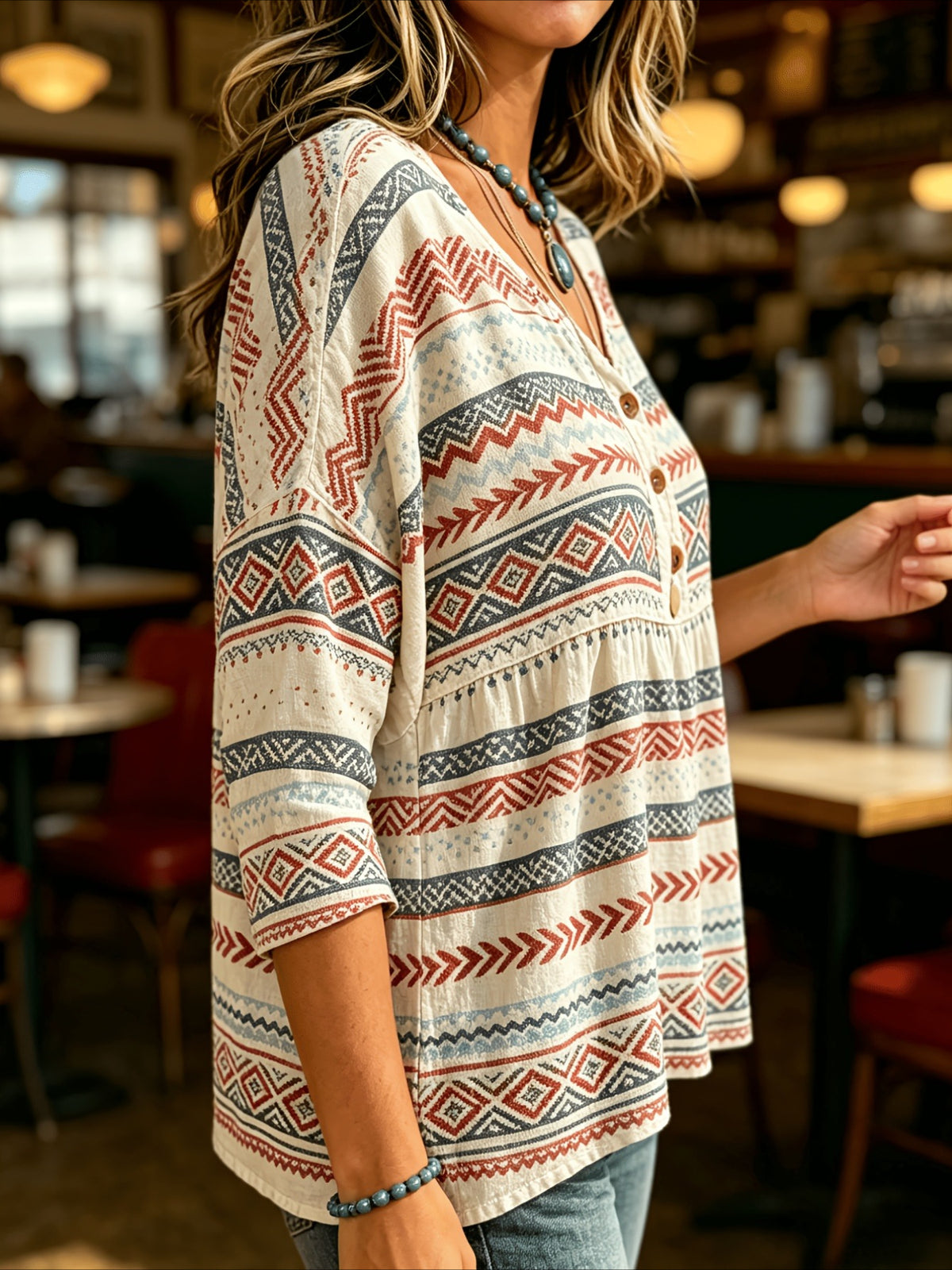 Floral Print 3/4 Sleeve V-Neck Three-Button Front Babydoll Blouse
