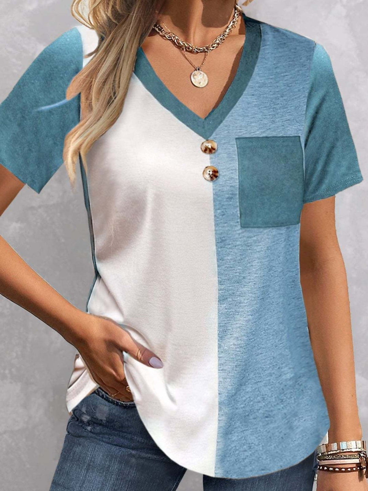 Women's Color Block V-Neck T-Shirt - Stylish and Comfortable Short Sleeve Top