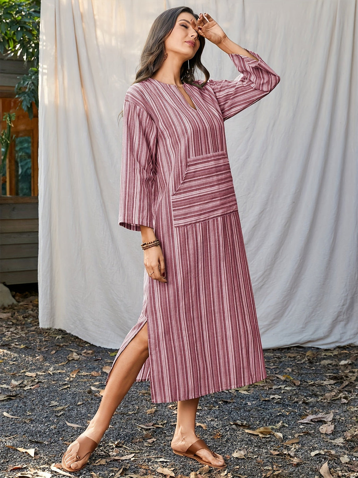 Striped Print Long Sleeve Dress - Relaxed Casual Style with Notch Neck