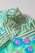 Green Stripe Floral Print Striped Trim Button Down Short Sleeve Vacation Dress