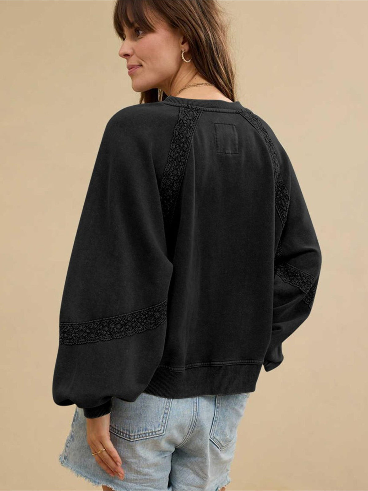 Solid Color Half-open Neck Splicing Lace Loose Fashion Long-sleeved Top