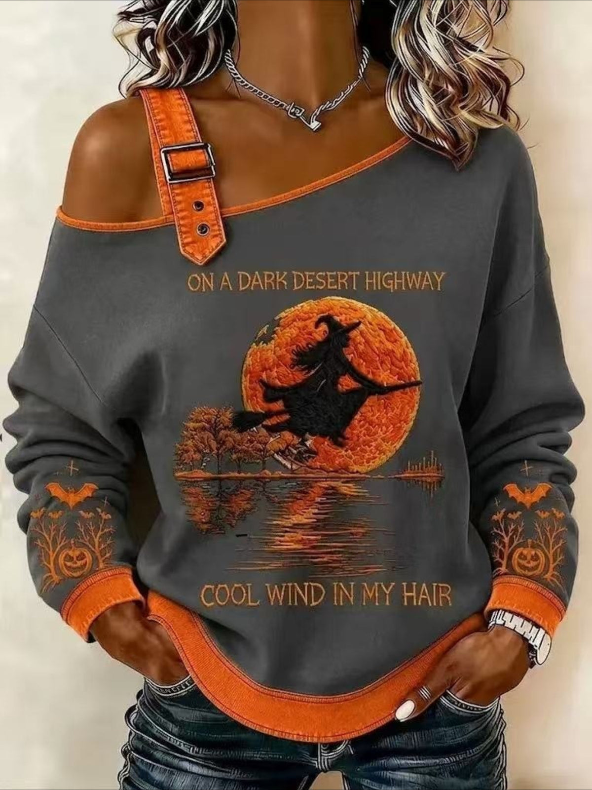 Halloween Snap Off Shoulder Sexy Long Sleeve Sweatshirt