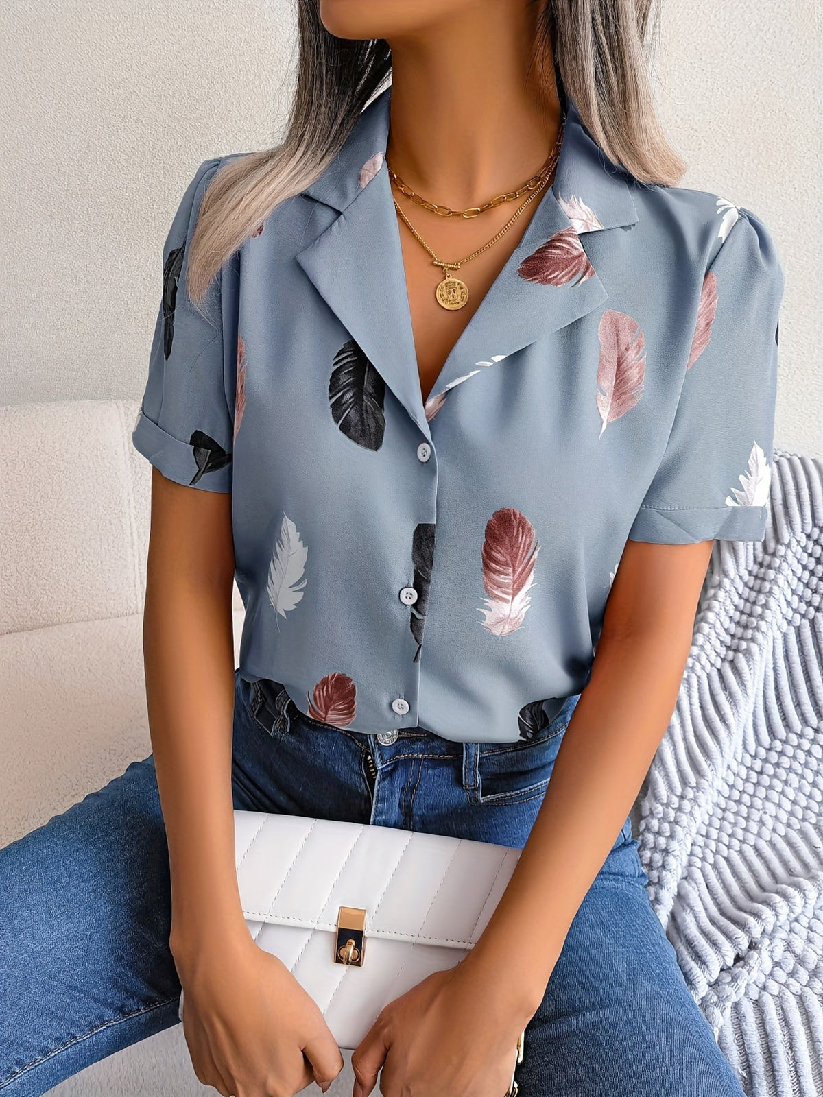 Feather Print Button Front Shirt, Casual Lapel Short Sleeve Shirt