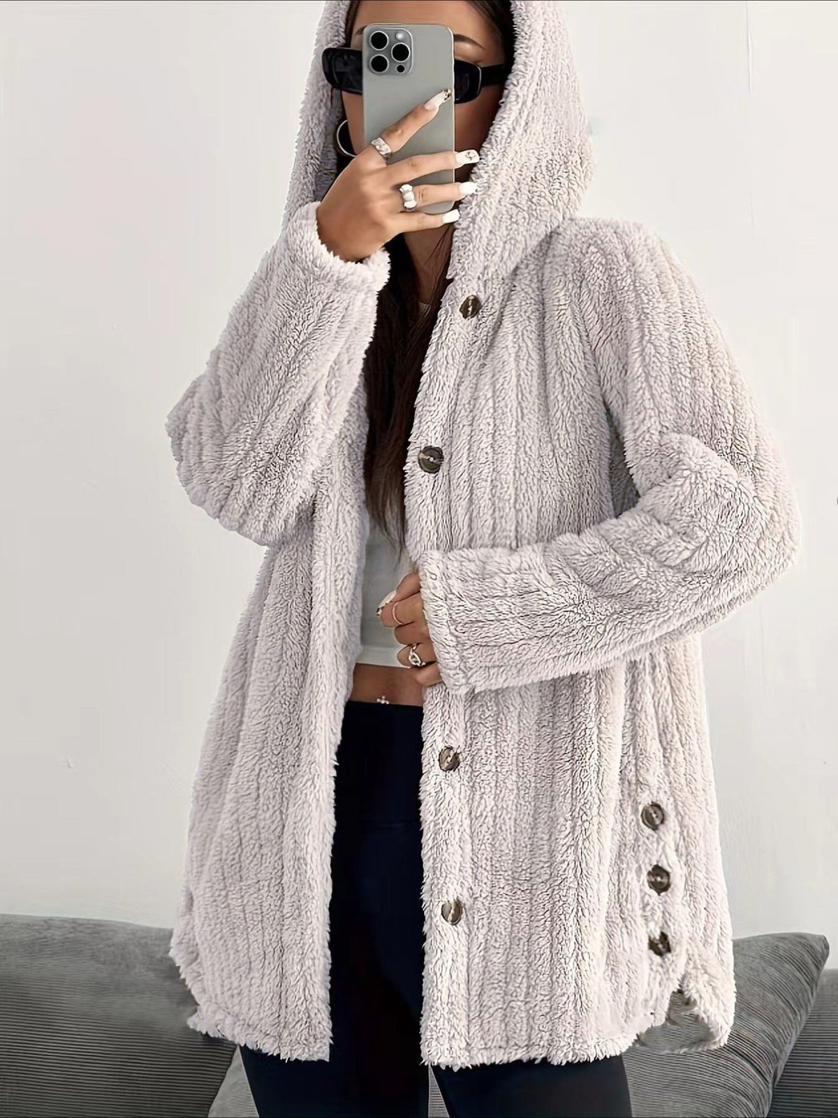 Solid Color Long Sleeve Hooded Loose Jacket