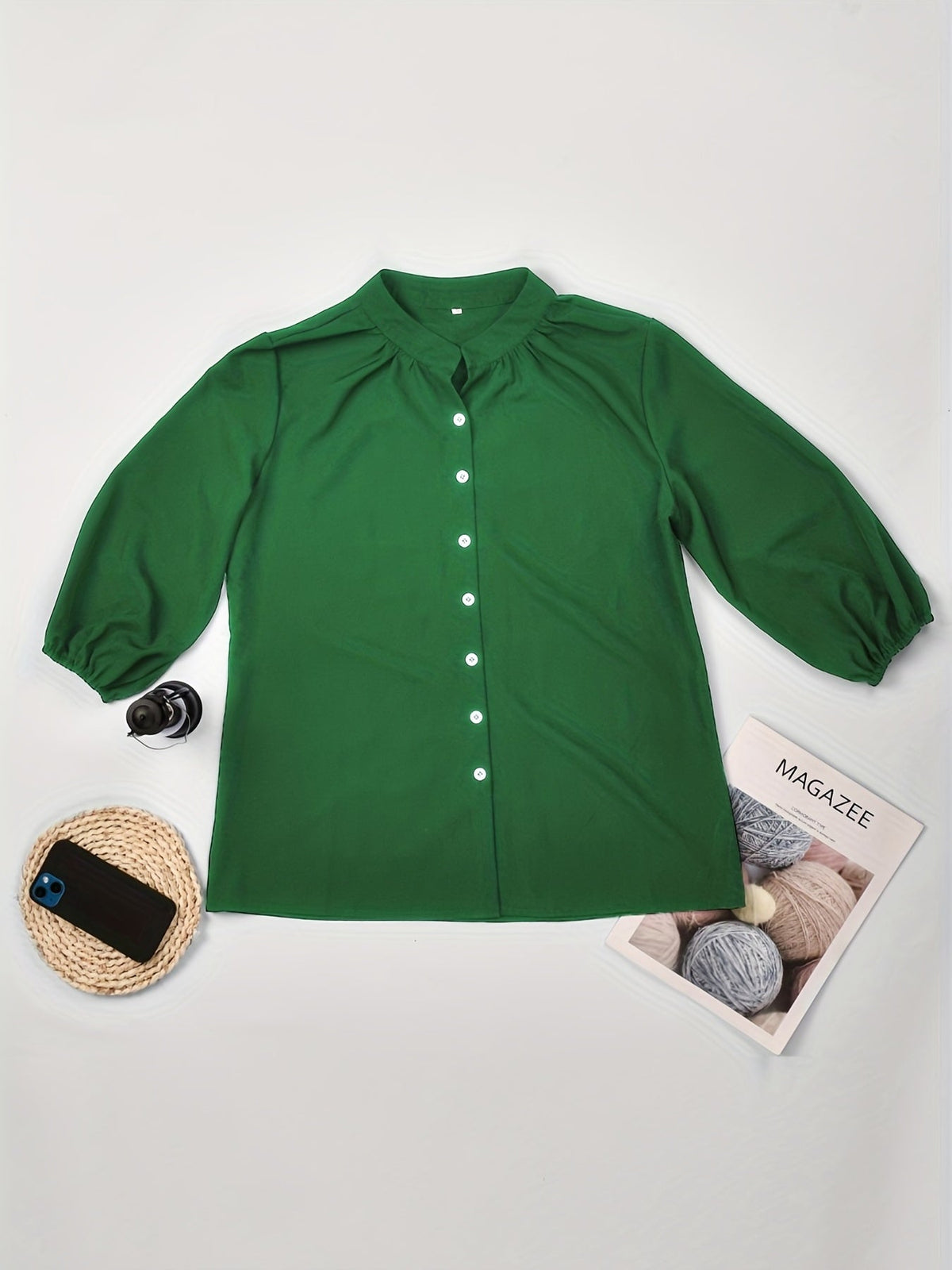 Solid Button Front Blouse, Casual Stand Collar Long Sleeve Blouse