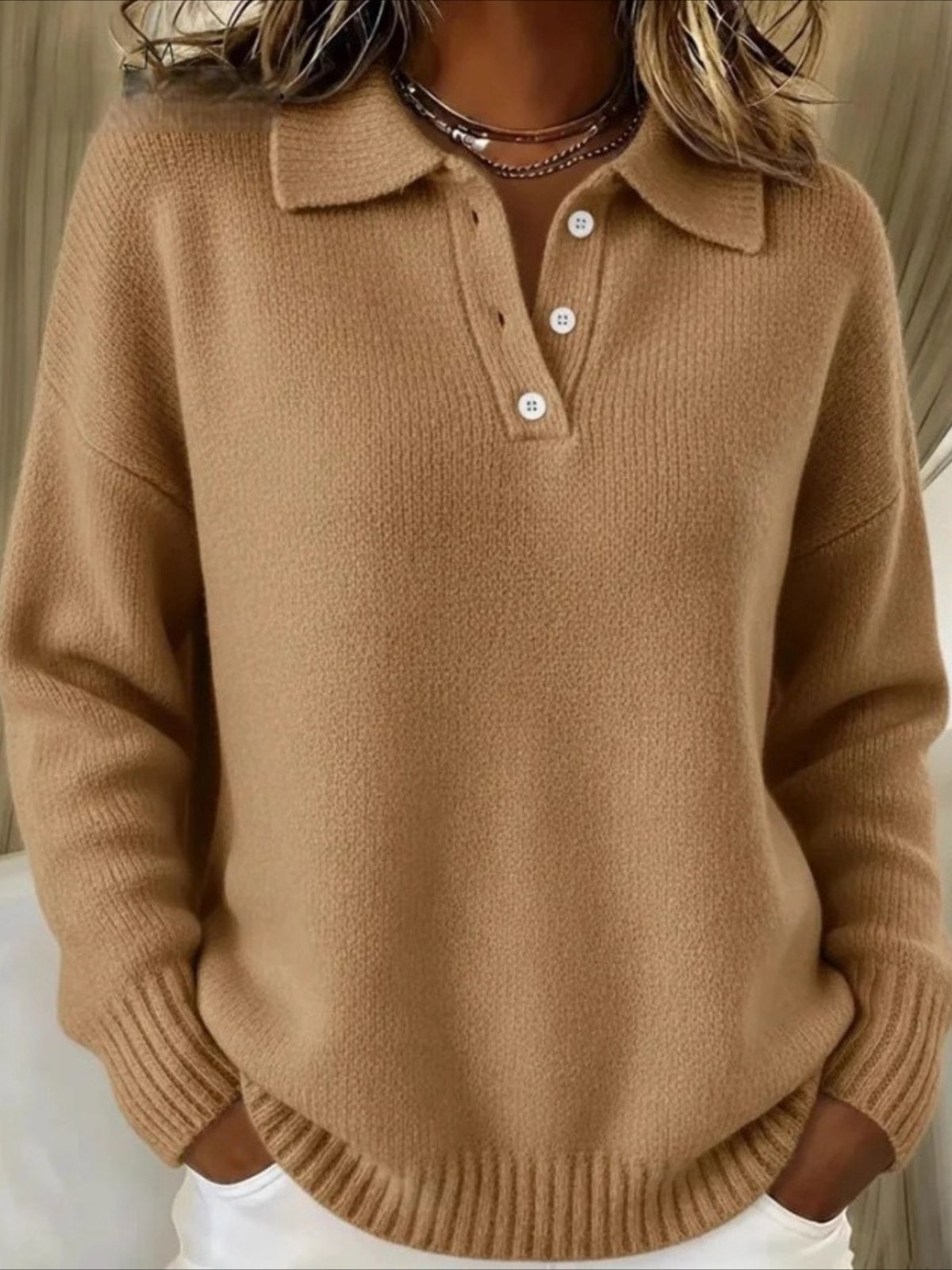 Classic Polo Neck Button-Down Solid Color Sweater Top