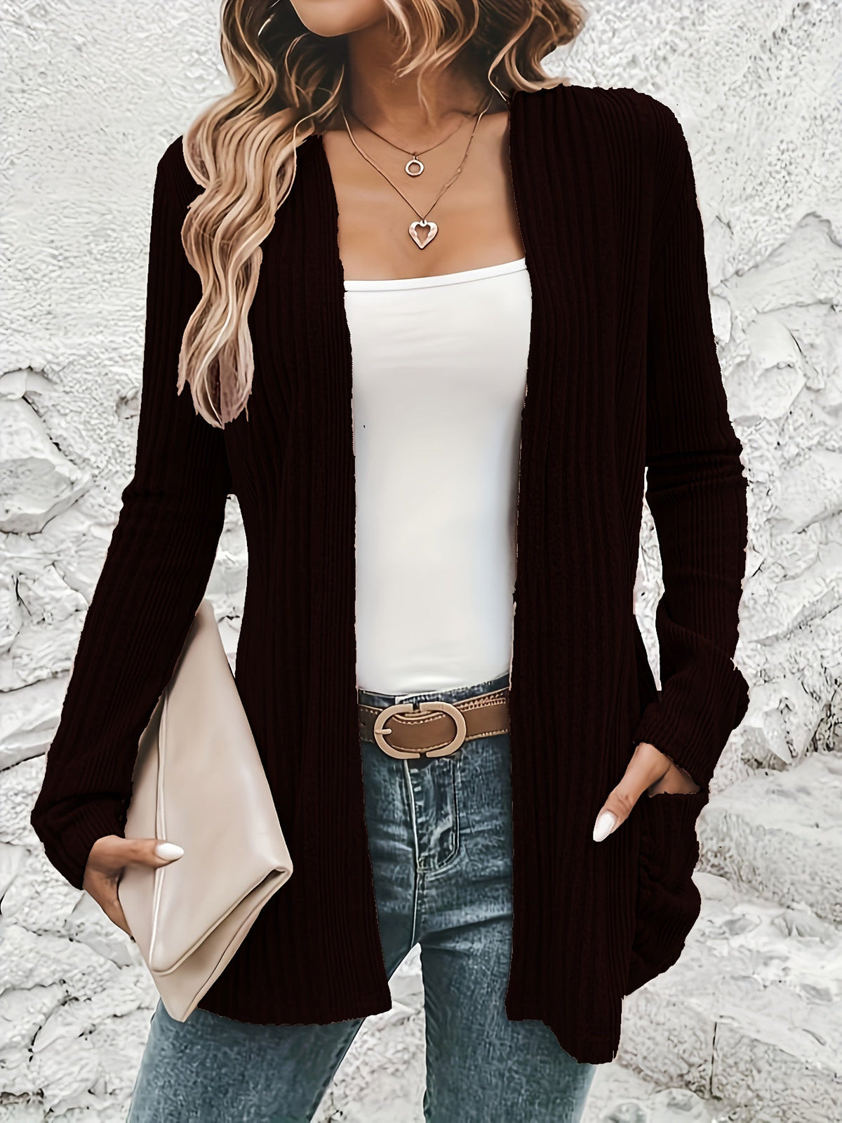 Solid Open Front Rib Knit Cardigan, Casual Long Sleeve Slim Cardigan With Pocket