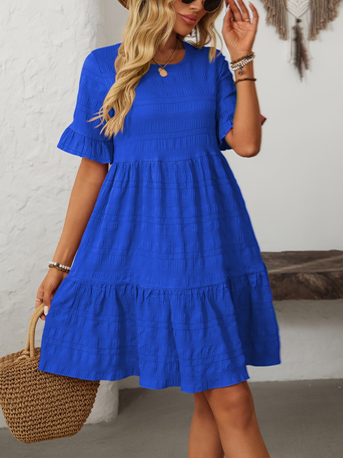 Square Neck Ruffle Detail Knee-Length Casual Short Sleeve Flowy Dress