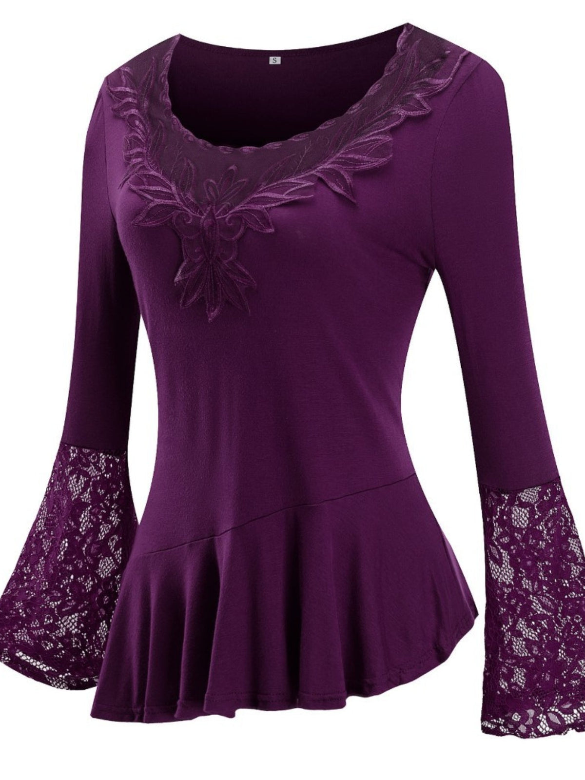 Contrast Lace Ruffle Hem Crew Neck T-Shirt, Casual Long Sleeve Top