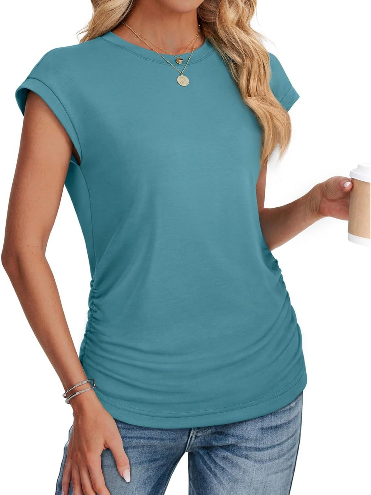 Solid Color Crew Neck Ruched Cap Short Sleeve T Shirts