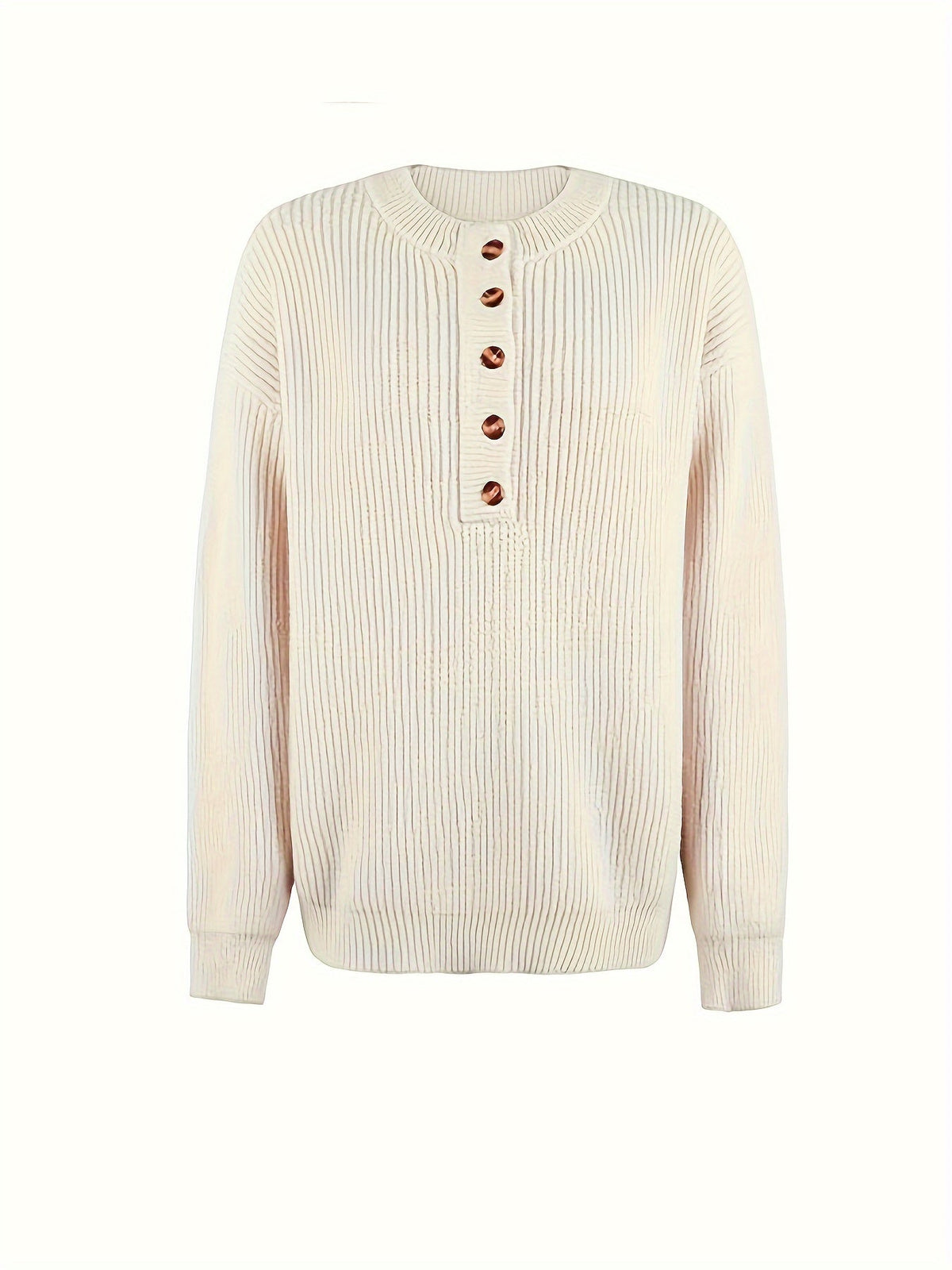 Cozy Long Sleeve Pullover Button Details Casual Crew Neck Sweater