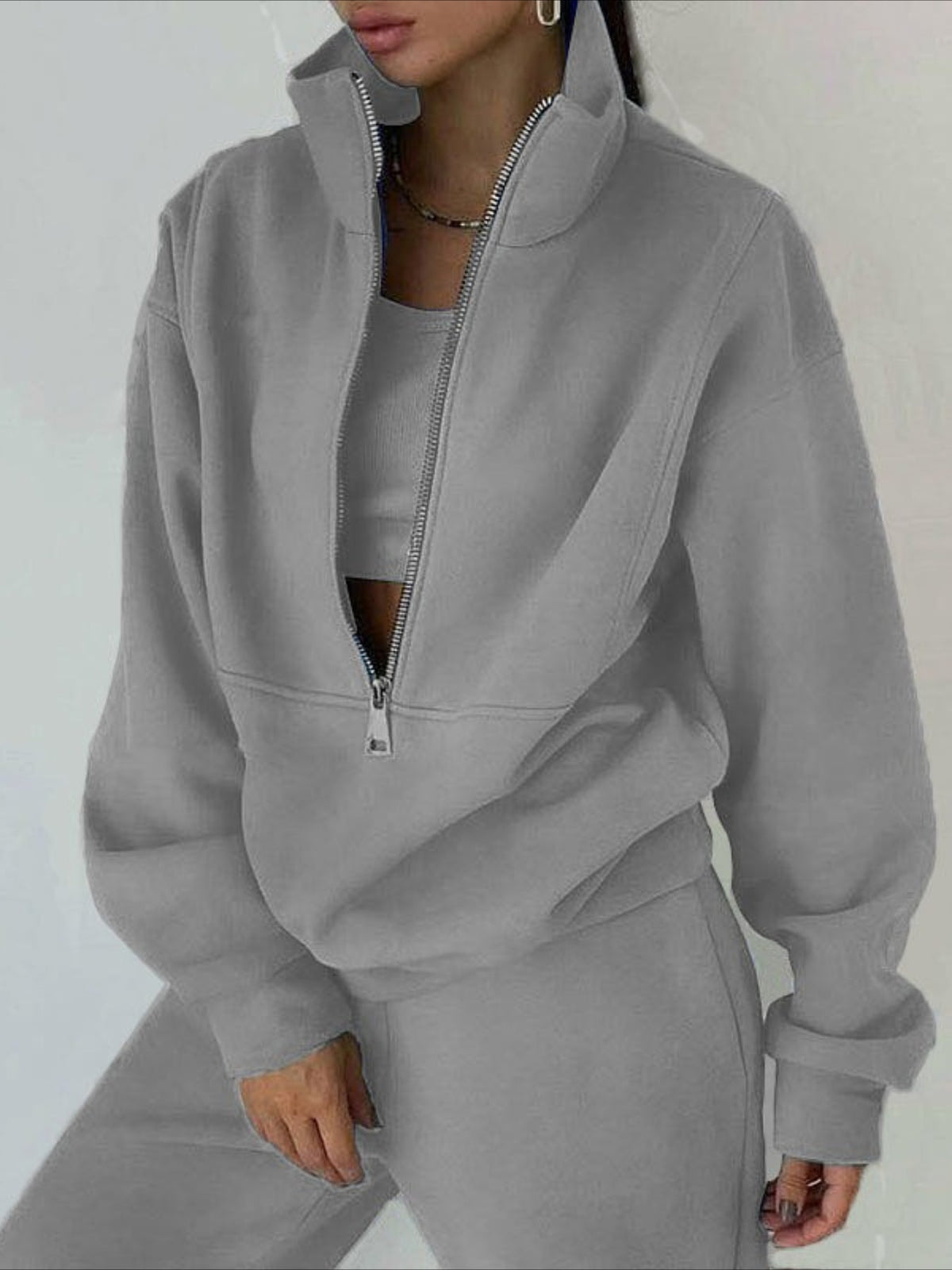 Cozy Fleece Zip-Up Top & Loose Pants Two-Piece Set
