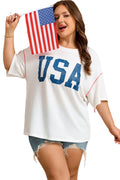White Plus Size Twisted Rib Vintage USA Letter Printed T Shirt