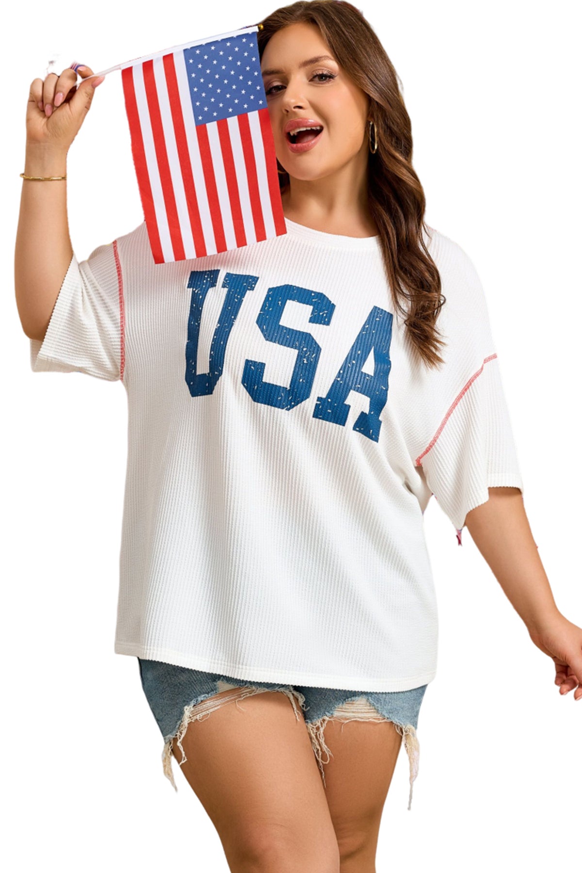 White Plus Size Twisted Rib Vintage USA Letter Printed T Shirt