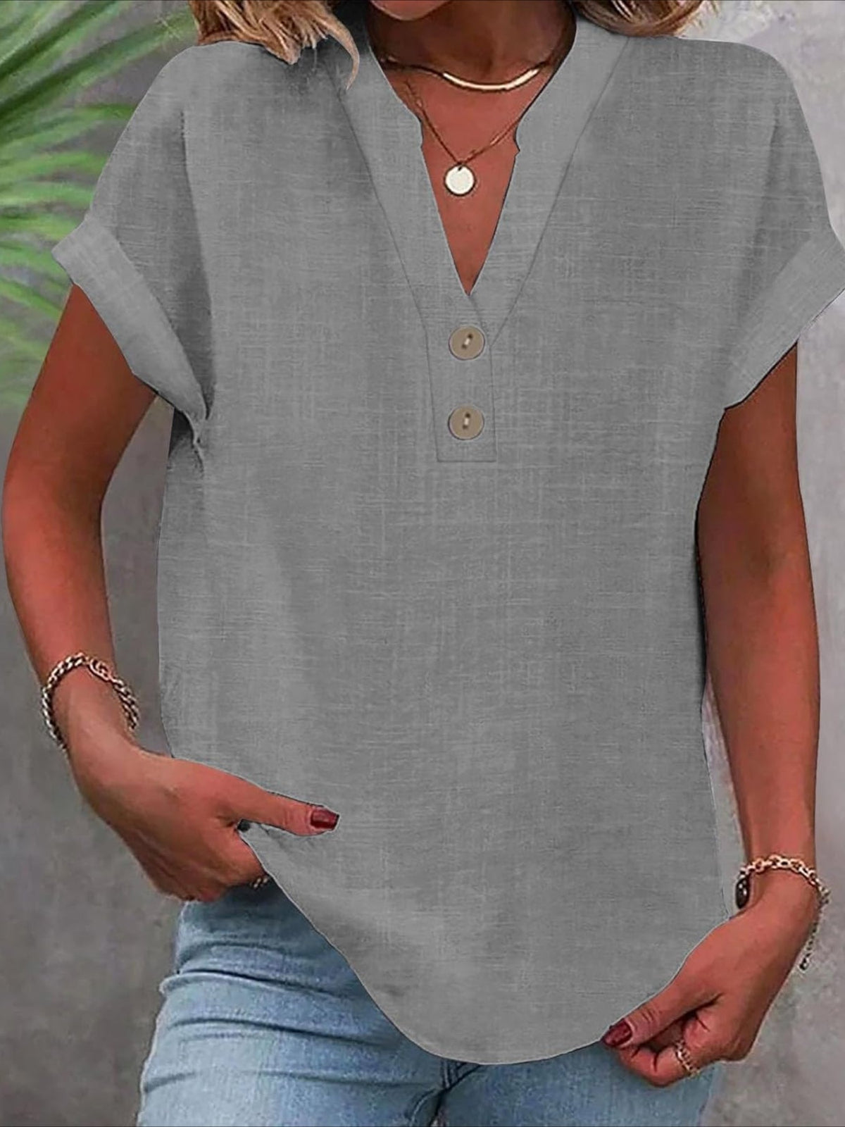 Solid Color V Neck Short Sleeve Button Down T Shirts