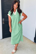 Green Stripe Collared V Neck Short Sleeve T Shirt Midi Dress with Pockets