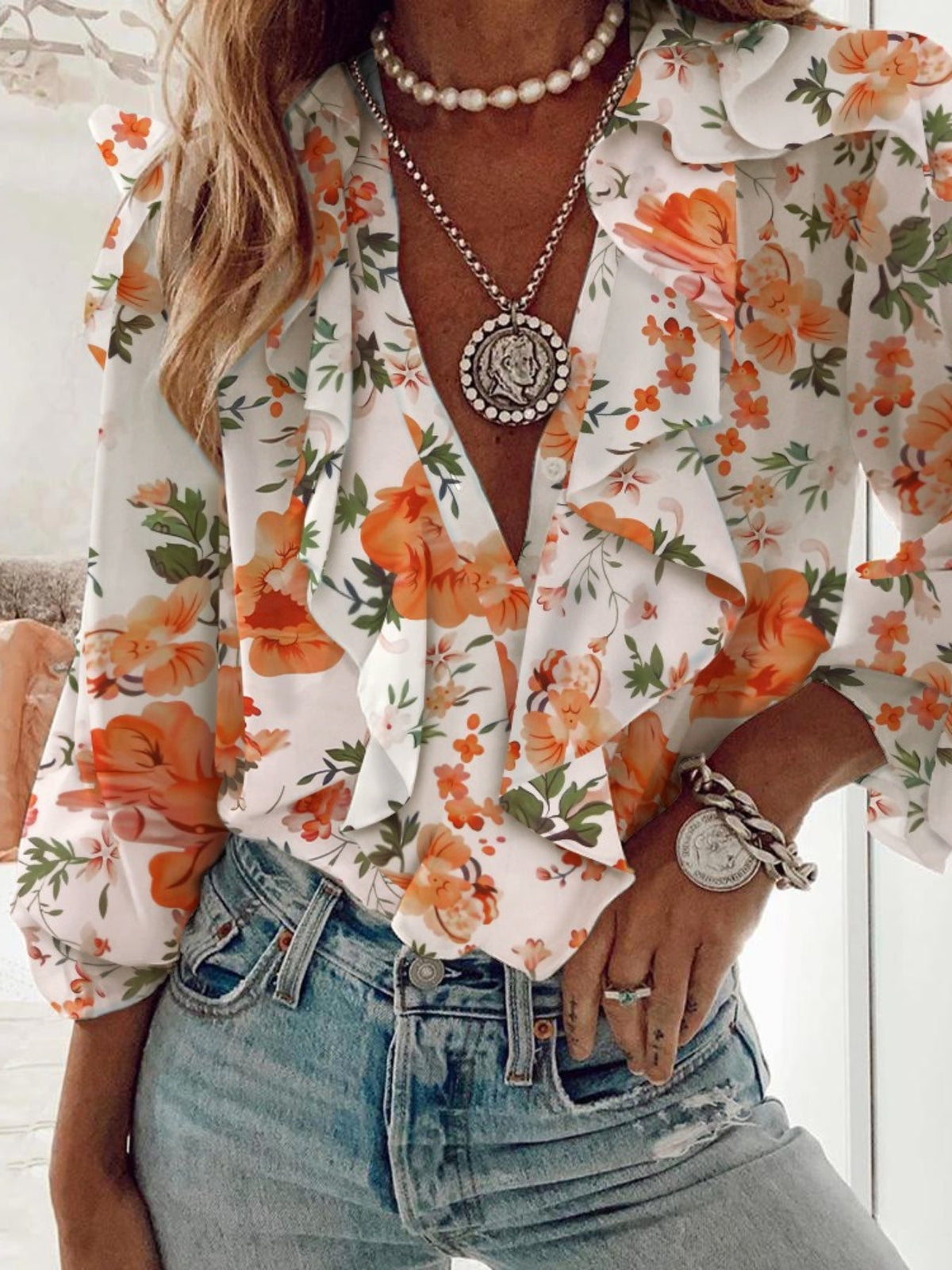 Ruffle Trim Button Front Blouse, Casual Long Sleeve Blouse