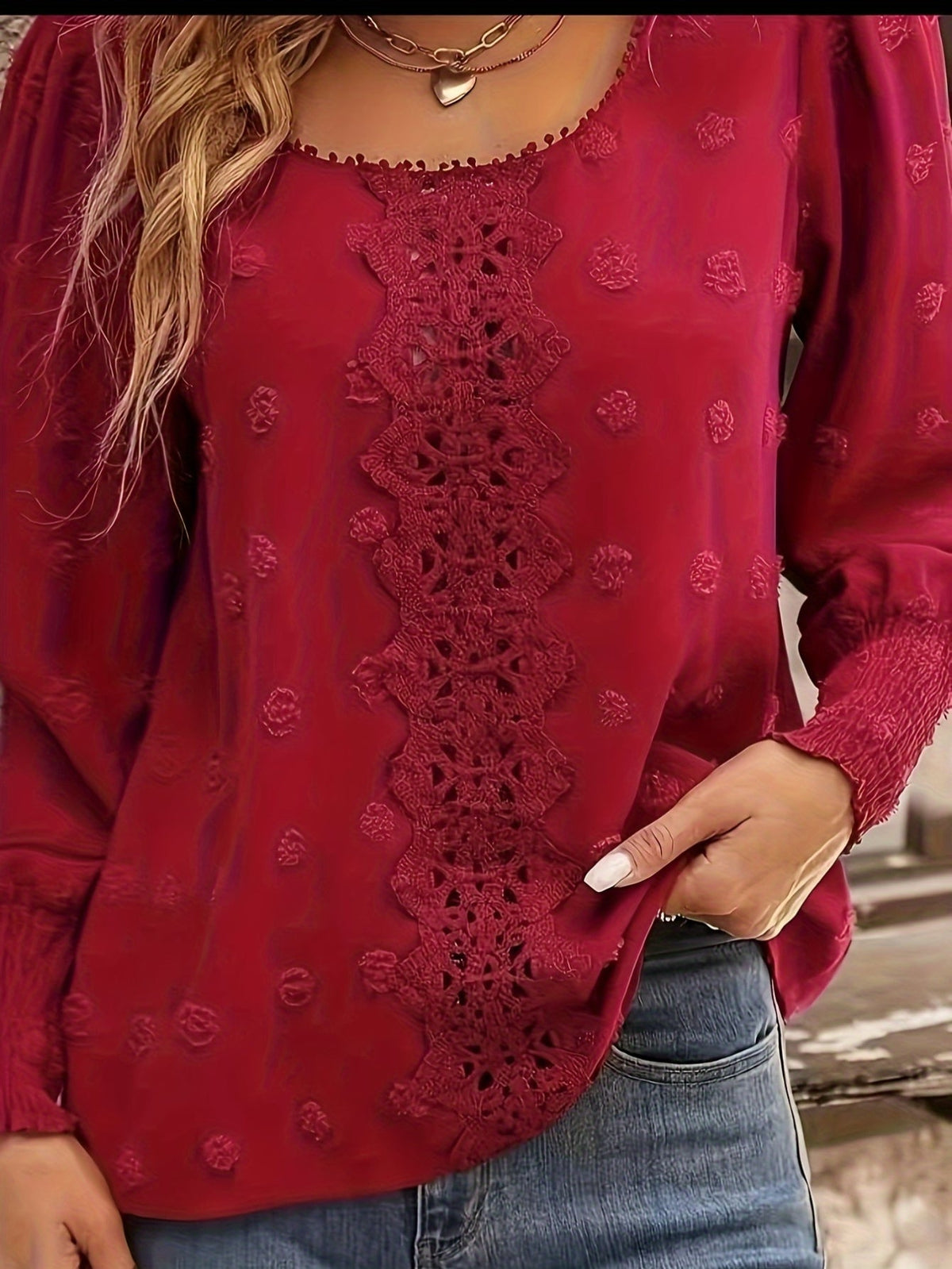 Swiss Dot Crew Neck Blouse, Elegant Long Sleeve Top