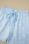 Sky Blue Polka Dot Short Sleeve Loose Top Drawstring Shorts Set