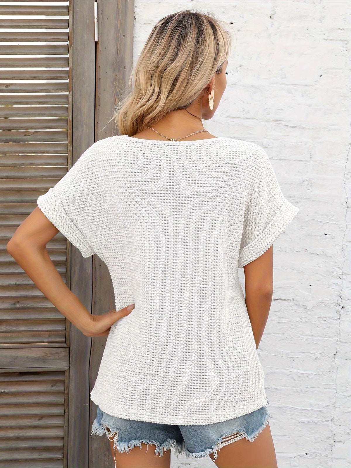 Elegant V-Neck Solid Waffle Tunic - Versatile Short Sleeve Women's Top