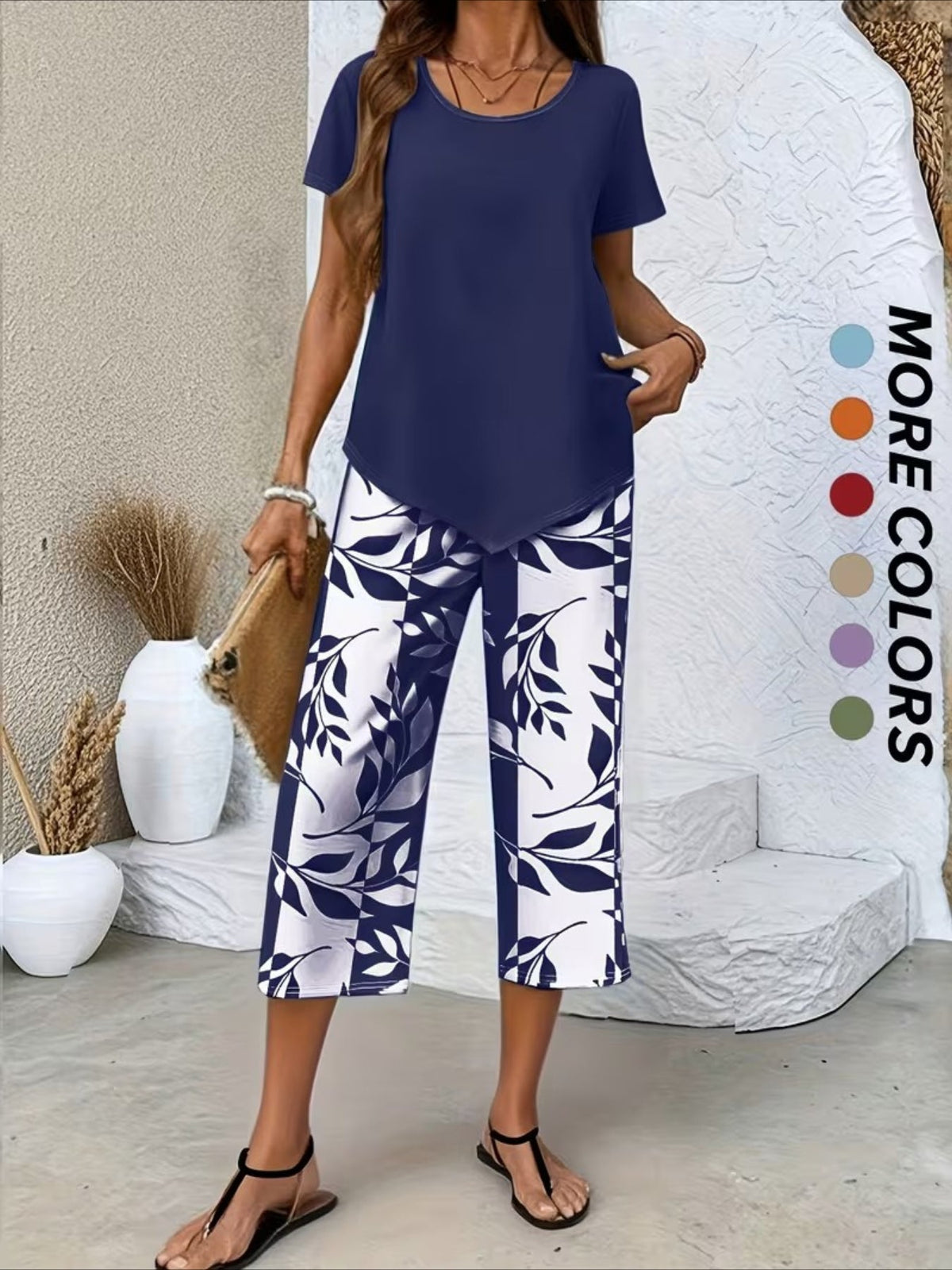 Solid Round Neck Short Sleeve Top With Floral Printing Pants Casual Two-Piece Set