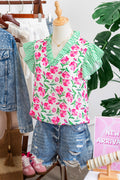 Multicolour Sweet Floral Print Striped Ruffle Trim V Neck Blouse