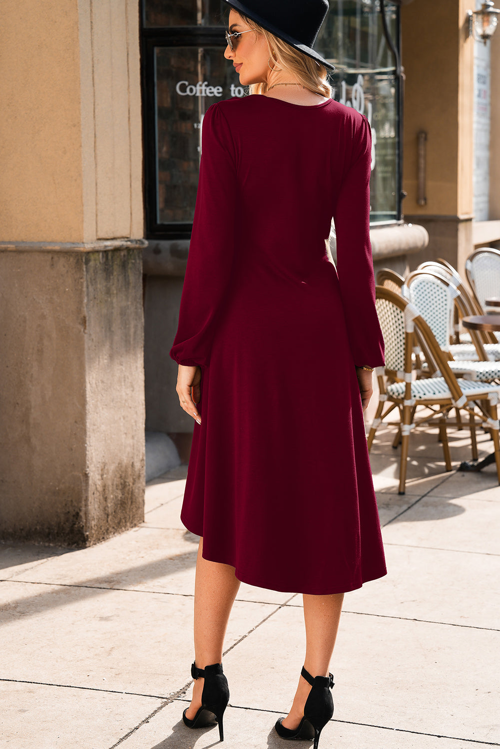 Burgundy Solid Color Ruched Detail Long Sleeve Midi Dress