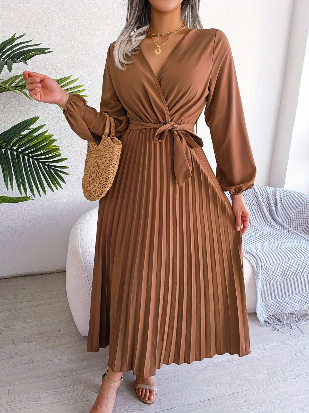 Pleated Surplice Neck Dress, Elegant Long Sleeve Solid Dress, Women's Clothing