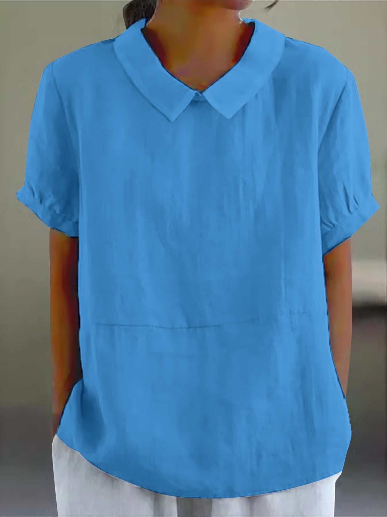 Solid Color Loose Lapel Short Sleeve Cotton Top