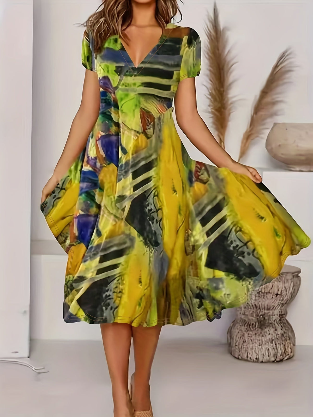 Short Sleeve V Neck Dress, Bohemian Casual Dress