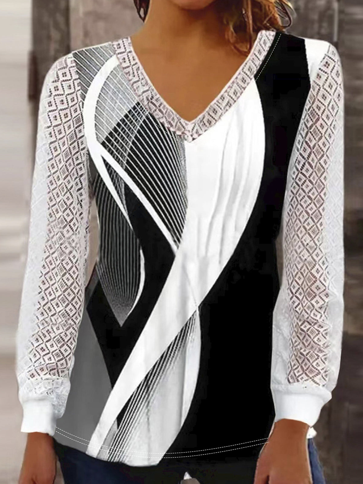 Women's Abstract Stripe Print Contrast Lace Long Sleeve V Neck Top
