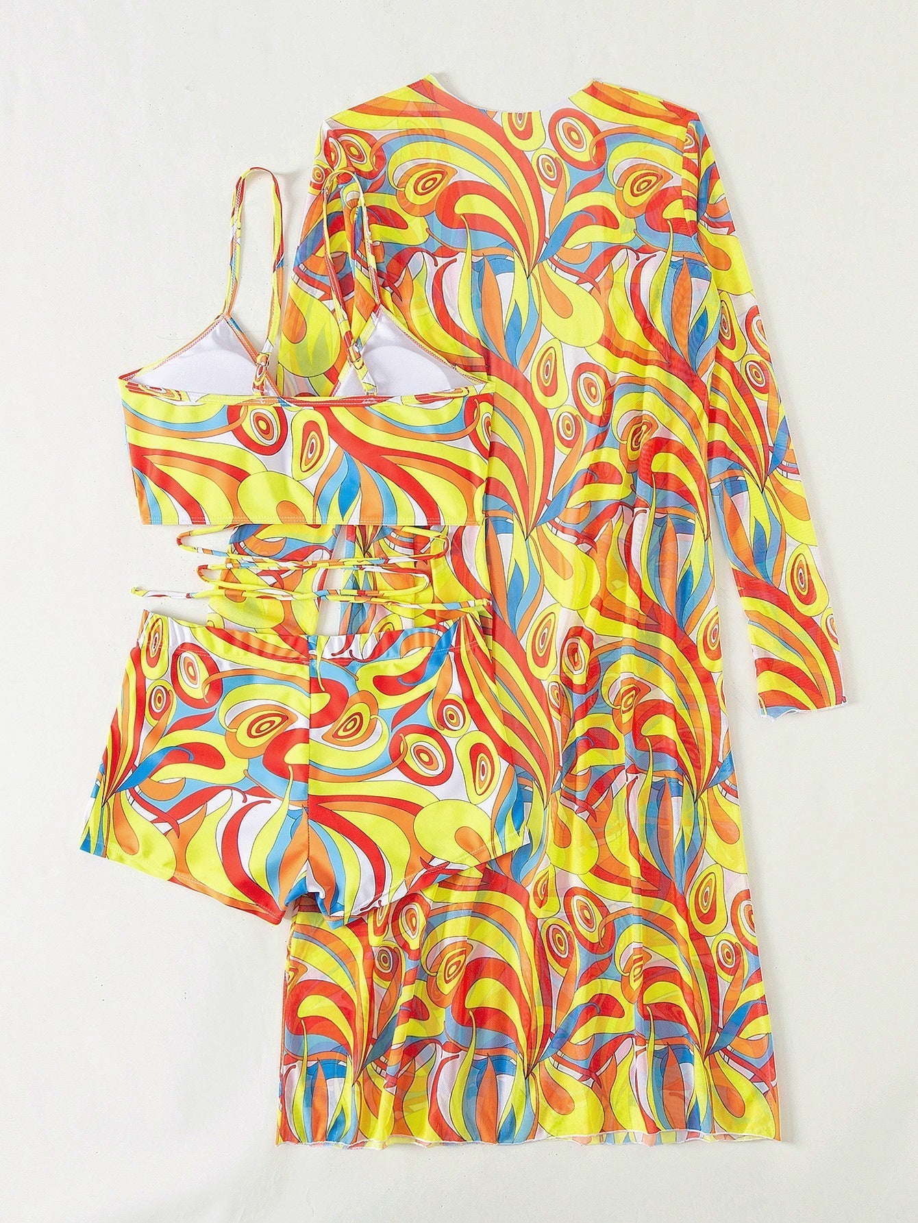 3pack Allover Print Drawstring Ruched Bikini Swimsuit