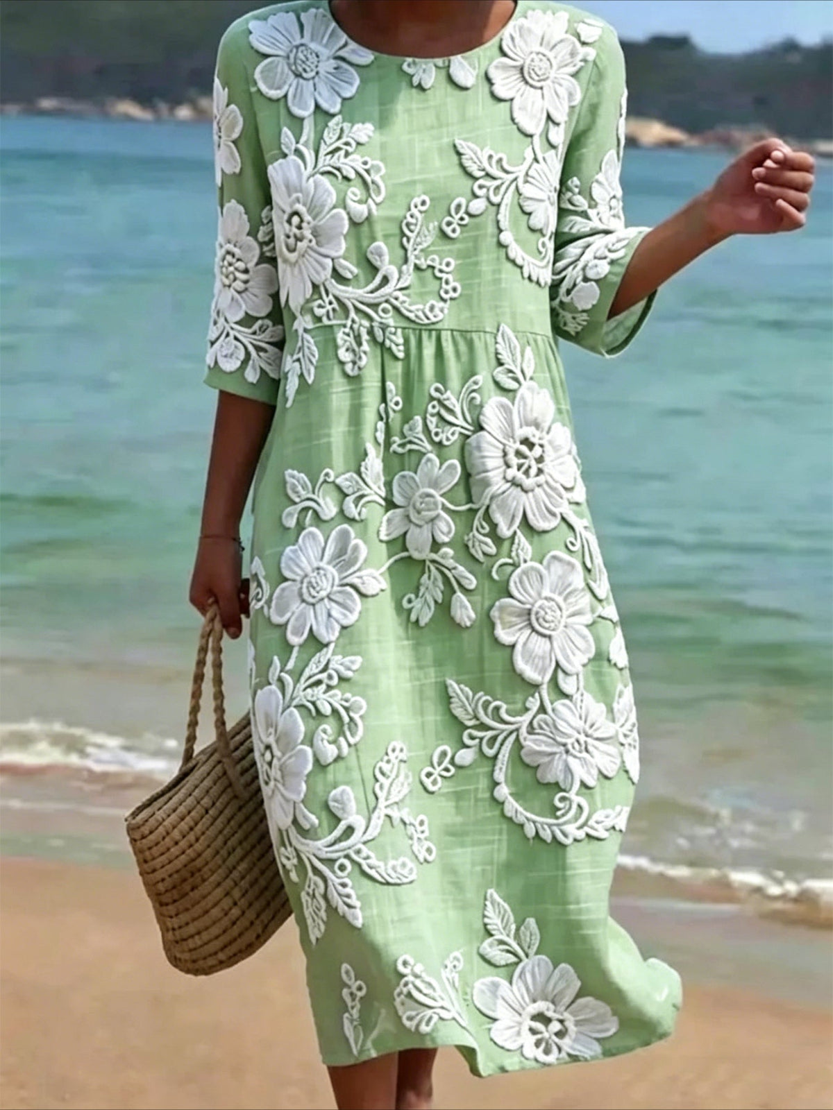 Flower Printed Casual Round Neck Mid Sleeve Dress