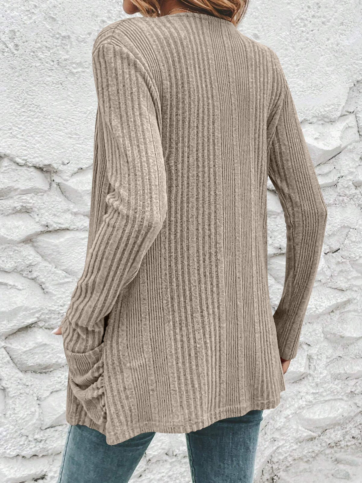 Solid Open Front Rib Knit Cardigan, Casual Long Sleeve Slim Cardigan With Pocket