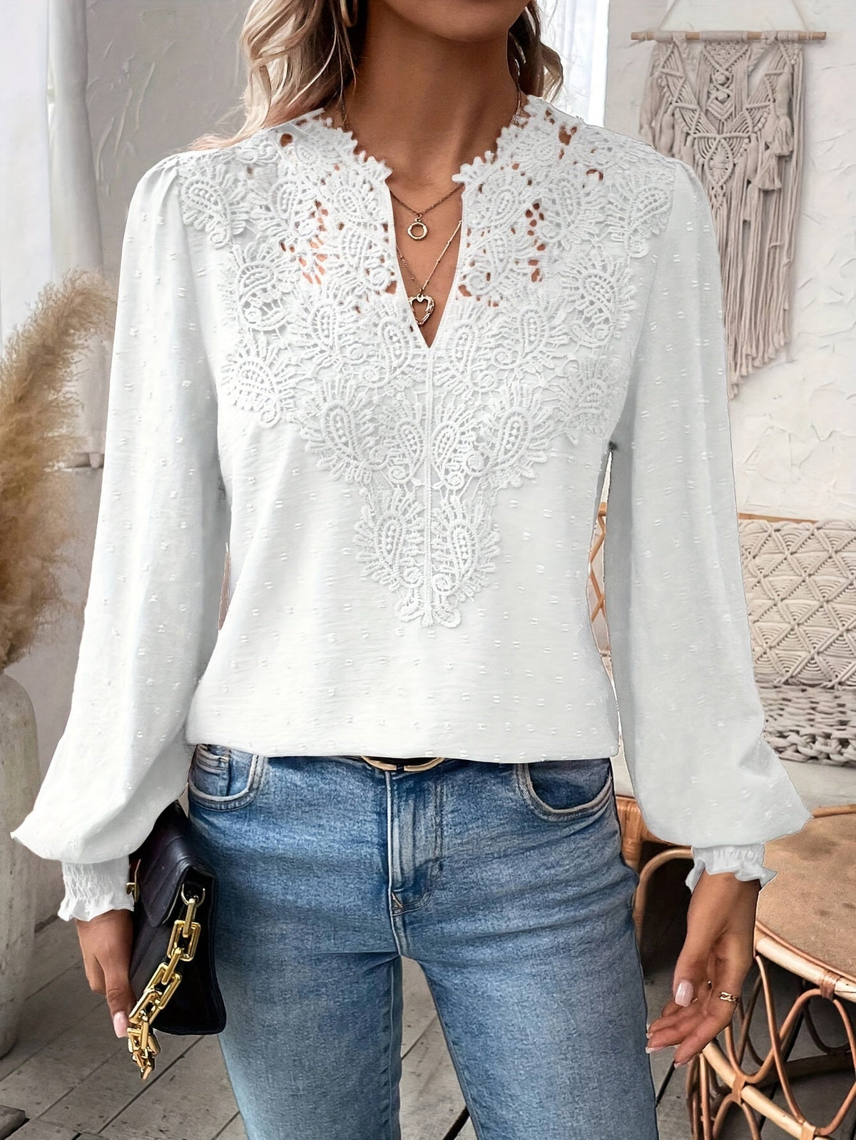 Lace Splicing Swiss Dot V-neck Blouse, Elegant Long Sleeve Blouse Top