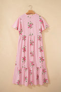 Pink Notched Neck Flutter Short Sleeve Floral Print Maxi Dress