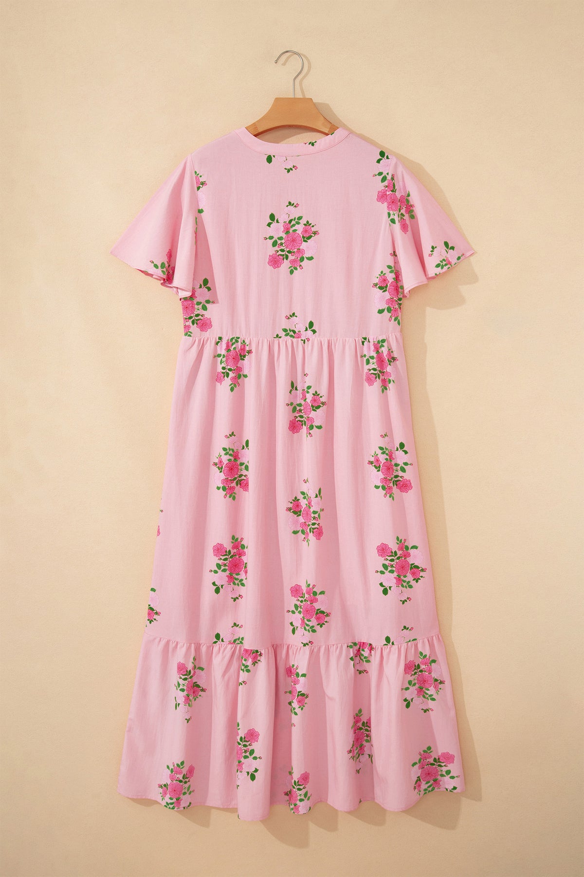 Pink Notched Neck Flutter Short Sleeve Floral Print Maxi Dress