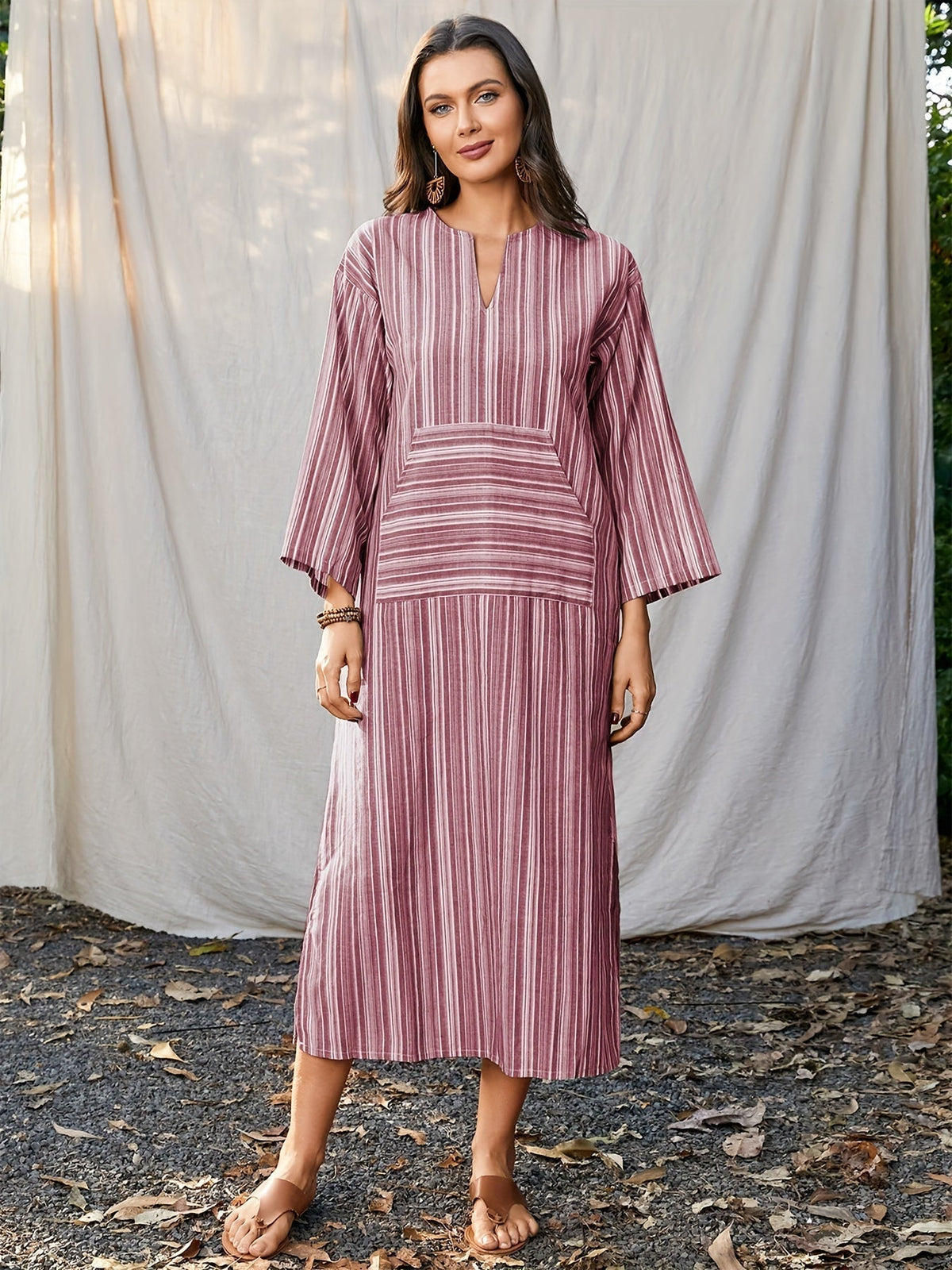 Striped Print Long Sleeve Dress - Relaxed Casual Style with Notch Neck