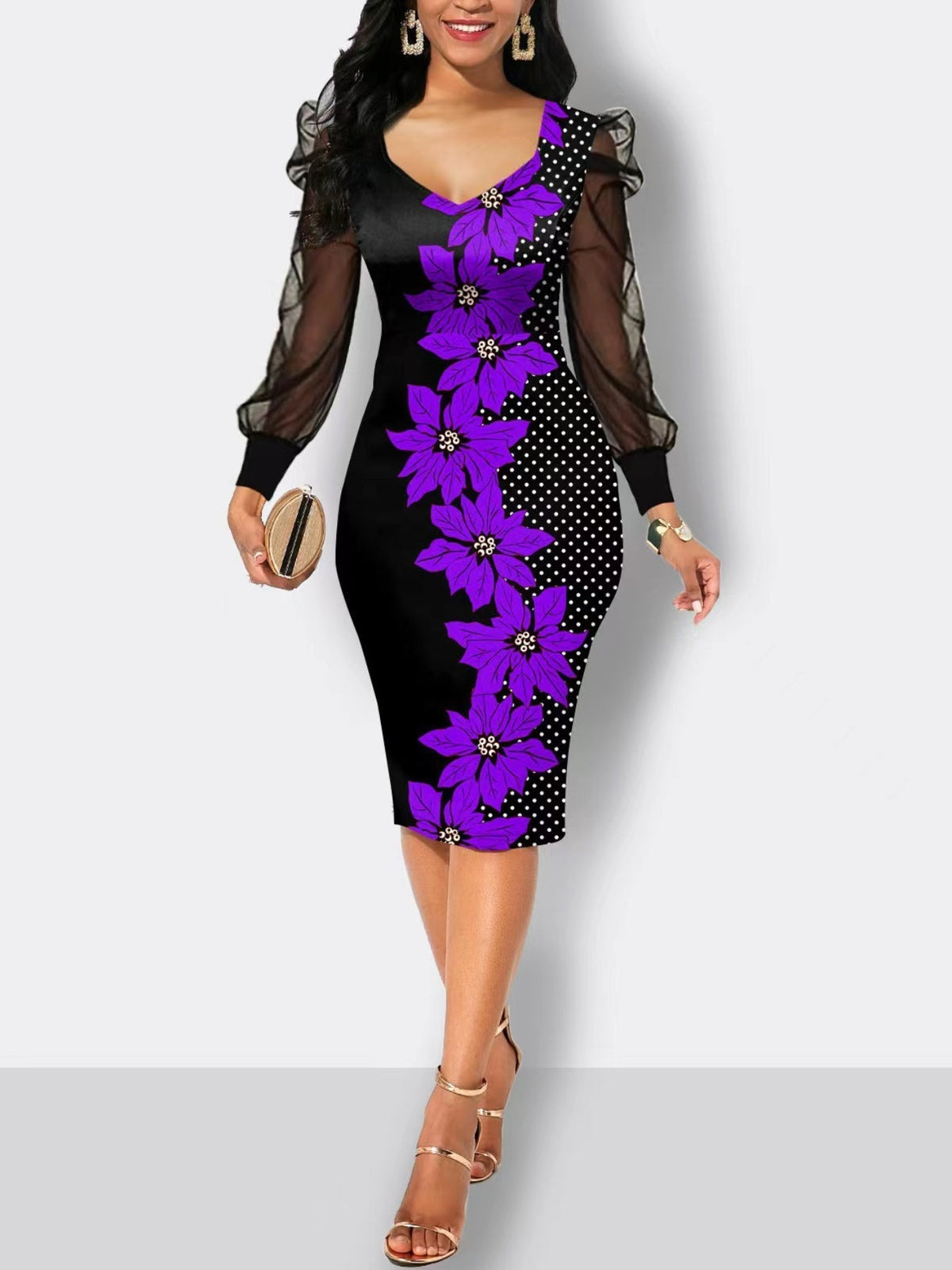 Butterfly Print Contrast Mesh Dress, Elegant Crew Neck Long Sleeve Dress