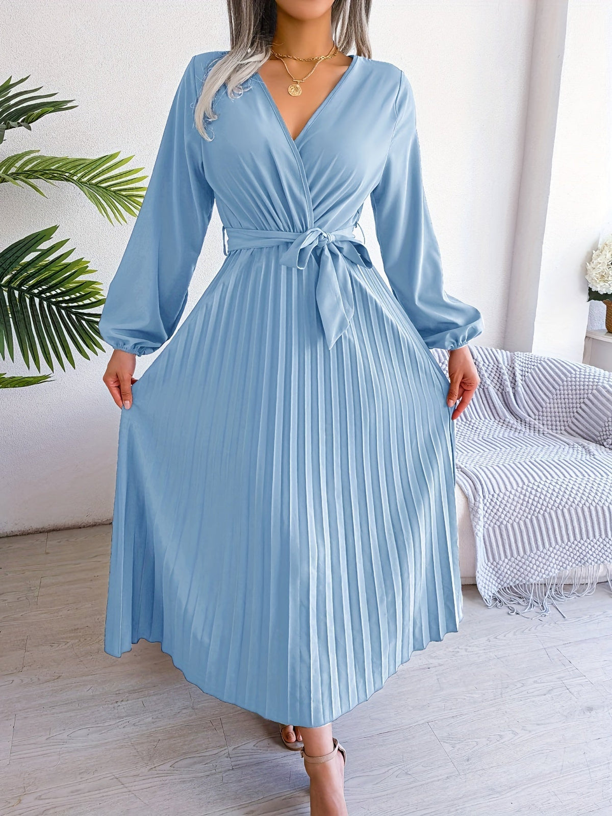 Pleated Surplice Neck Dress, Elegant Long Sleeve Solid Dress, Women's Clothing