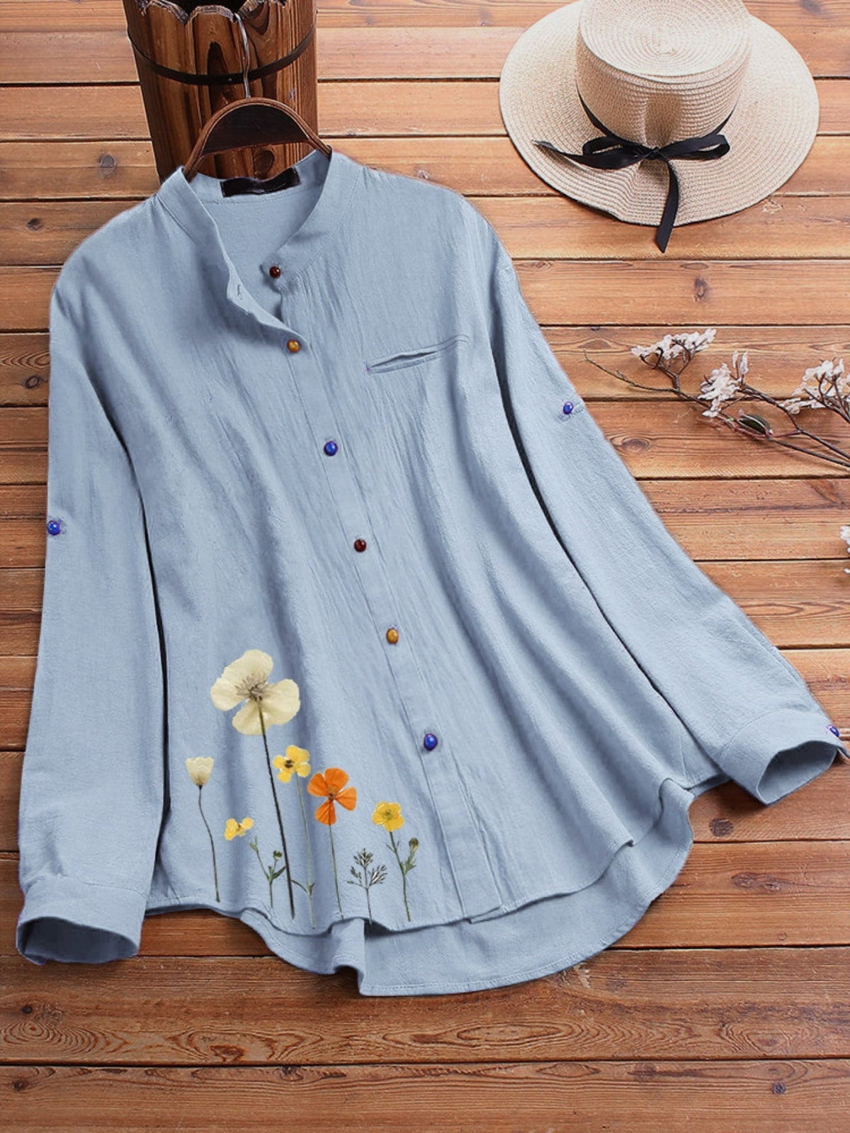 Women's Floral Print Long Sleeve Colorful Button Turn Down Collar Shirt