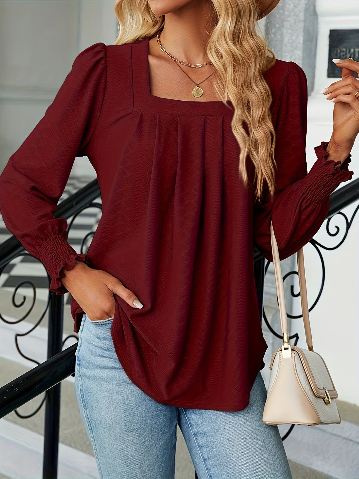 Elegant T-shirt, Women's  Argyle Textured Shirred Lantern Sleeve Square Neck Ruched Top