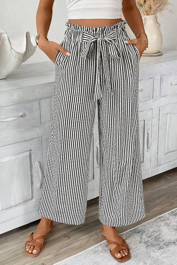 Black Stripe Tied High Waist Loose Straight Casual Pants